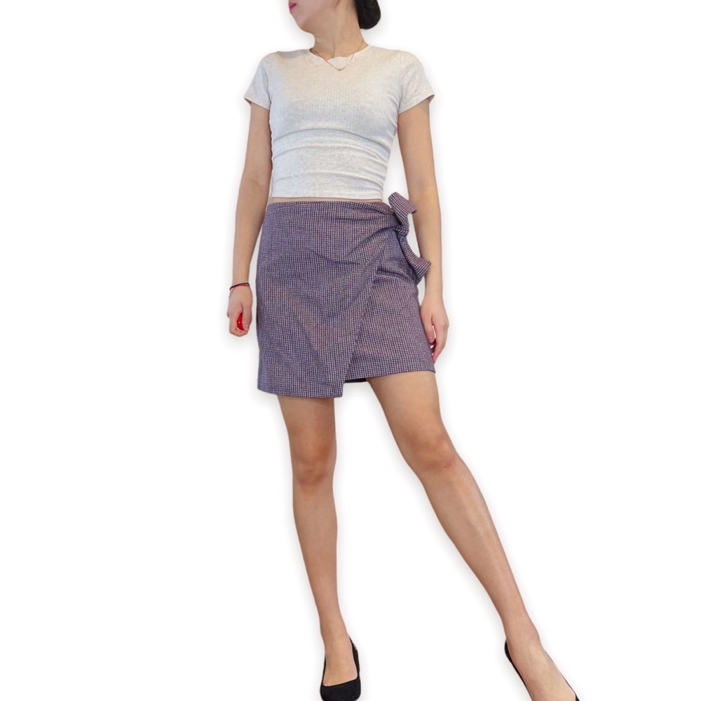 Aritzia Wil­fred Wrap Style Muted Red&Blue Plaid Wool Cashmere Mini Skirt Size S - Picture 8 of 16